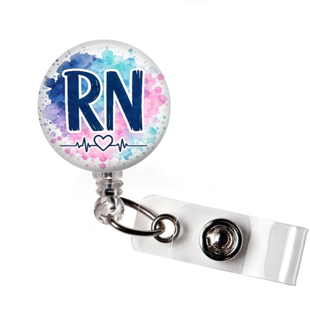RN Watercolor Heartbeat Badge Reel Nurse Gift Retractable ID Holder